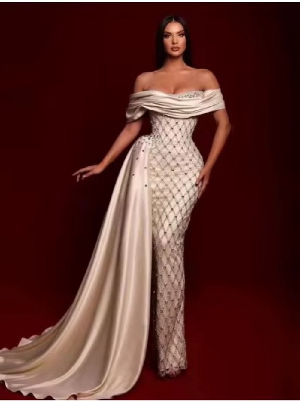 Off-Shoulder Champagne Embellished Evening Gown with Draped Train
